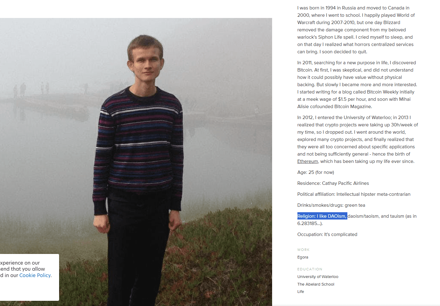 Screenshot from Vitalik Buterin's about.me page, with the line 'Religion: I like DAOism, daoism/taoism, and tauism' highlighted.